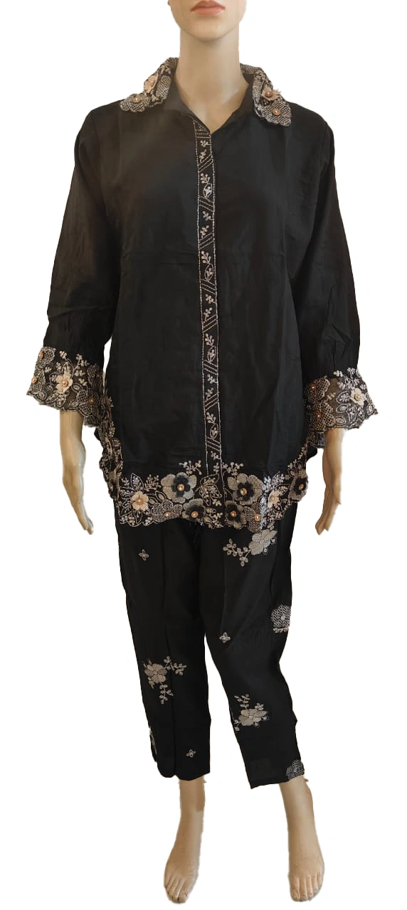 Black Two Piece Co-ord Set With silver Embroidred Neck n Pant