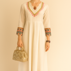 WHITE V NECK FULL SELVES LONG GOWN