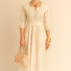 WOMEN OFF-WHITE ETHENIC MOTI EMBROIDERED WORK LONG GOWN