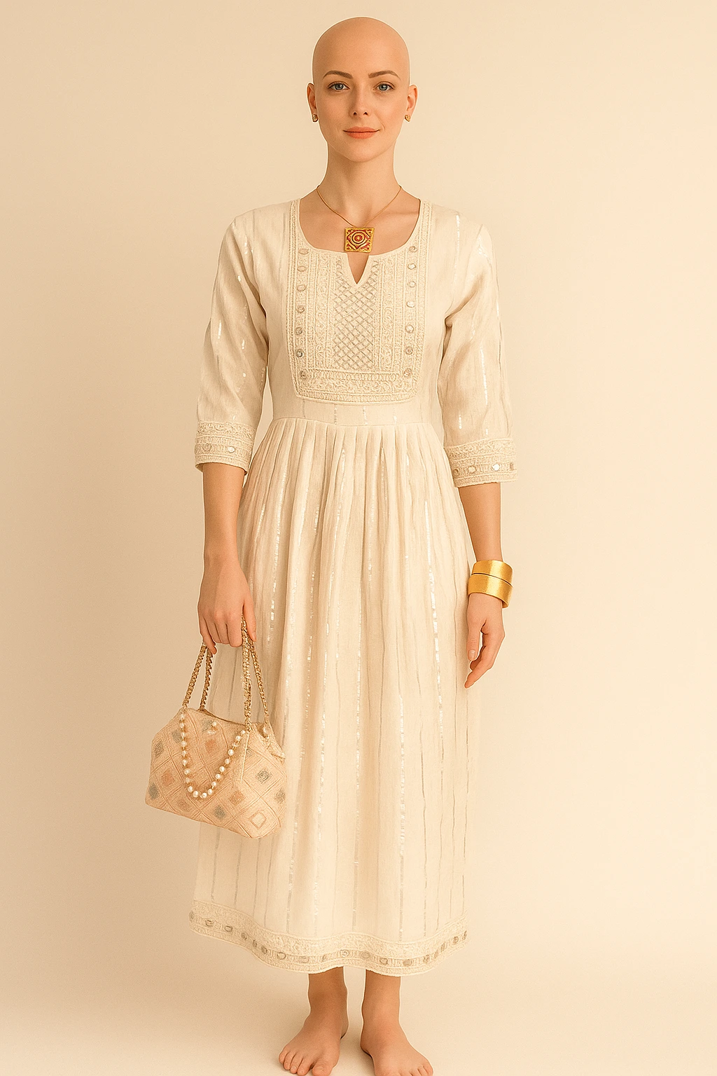 WOMEN OFF-WHITE ETHENIC MOTI EMBROIDERED WORK LONG GOWN