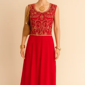 WOMEN RED ETHENIC LONG GOWN WITH SEQUENCE WORK