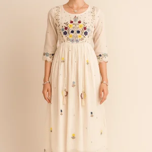 WOMEN OFF-WHITE WHITE EMBROIDERED HALF SELVEES LONG GOWN