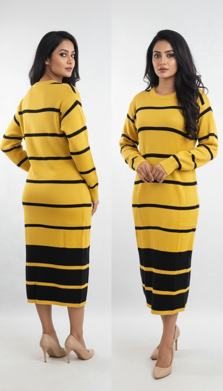 WOMEN LONG YELLOW AND BLACK STRIP WOLLEN DRESS - Image 2
