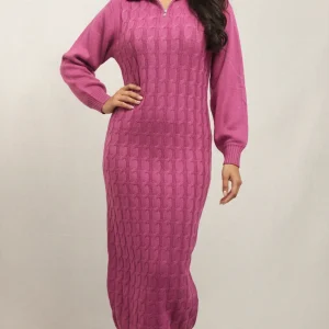 PINK WOLLEN LONG FRONT CHAIN WOMEN WINTER DRESS