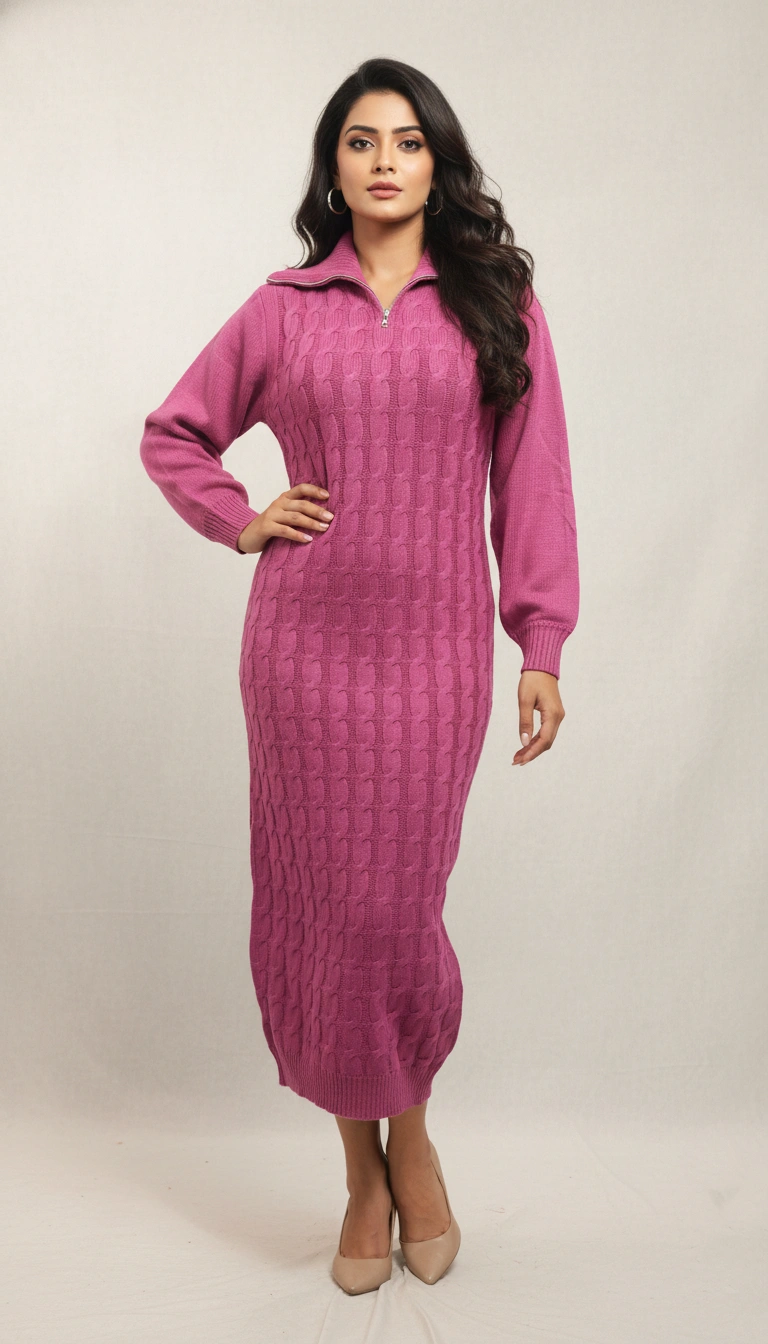 PINK WOLLEN LONG FRONT CHAIN WOMEN WINTER DRESS