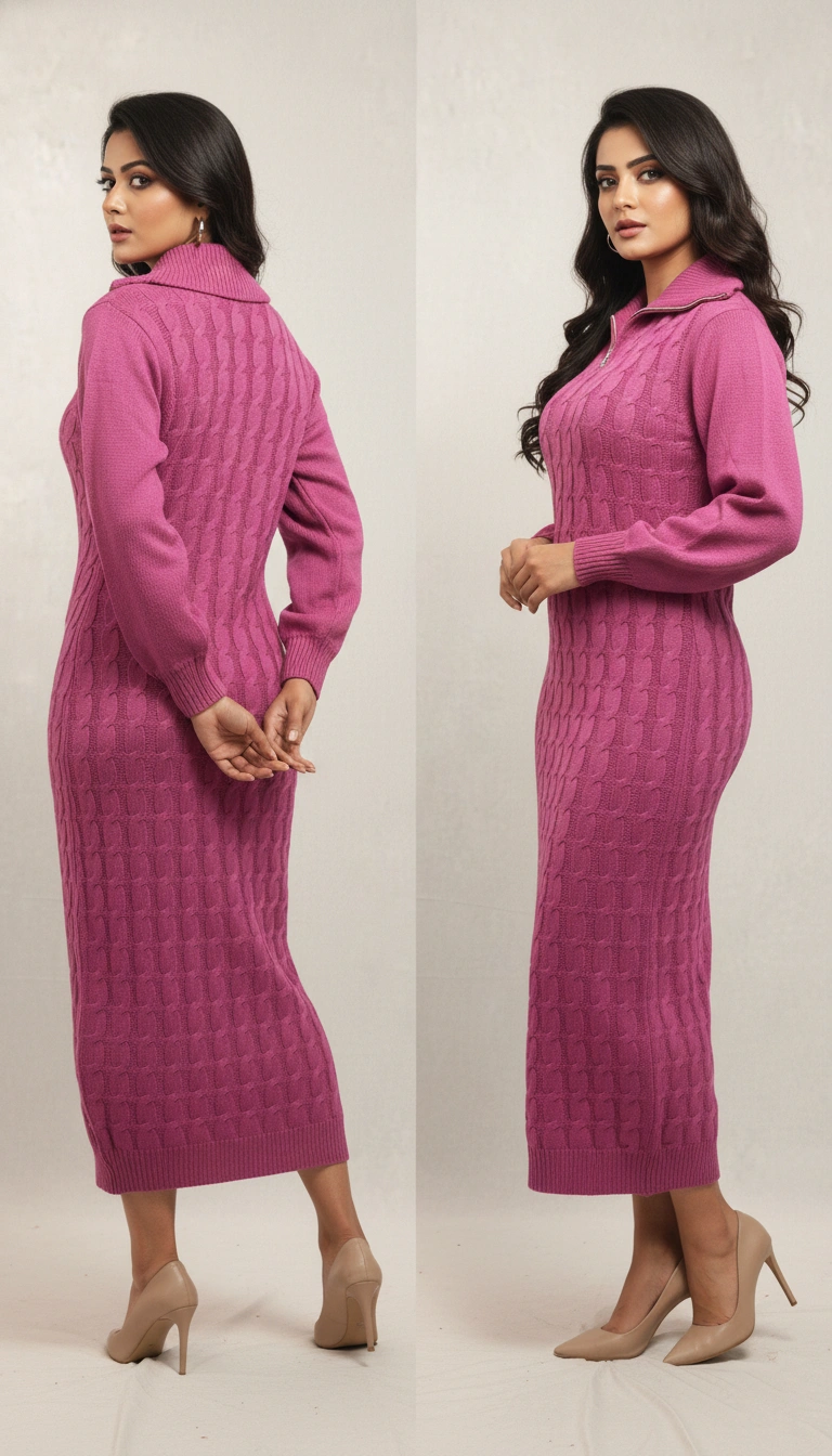 PINK WOLLEN LONG FRONT CHAIN WOMEN WINTER DRESS - Image 2