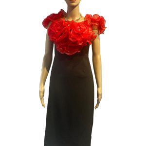 WOMEN BLACK AND RED 3D ROSE FLOWER SHORT DRESS