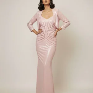 WOMEN GORGEOUS PINK FULL STONE EMBROIDERED BODYCON DRESS WITH JACKET