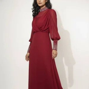 WOMEN POWER NET STONE WORK NECK COVER LONG DRESS